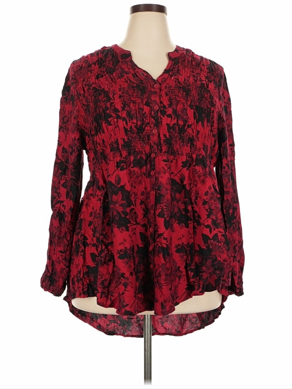 torrid Red and Black Floral Smocked Button-Front Blouse